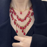 DAIIIBABYYY  -  Palace Feng Shui Drops Pomegranate Red Stacking Necklace Retro Subculture Personalized Clavicle Chain