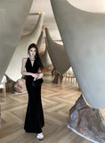 Daiiibabyyy  French Elegant Heavy Work Handmade Rhinestone Dress Women Velvet Sexy Slim Long Dress Evening Gown Fashion High Waist V-Neck