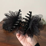 Daiiibabyyy  New Fabric Large Feather Pearl Flower Hair Clip for Women Korean Fashion Light Luxury Shark Clip Girl Hair Accessories