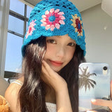 DAIIIBABYYY  -  Bohemian Mori Women's Hats Ins Korean Version Spring and Summer Vacation Bucket Hat Handmade Flower Fresh Crochet Beanies
