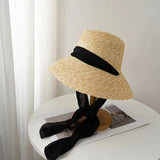 Daiiibabyyy  Summer Seaside Big Brim Straw Hat Women's Vacation Beach Sun Hats Bow Ribbon Wide Brim Wheat Straw Flat Top Boater Hat