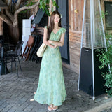 Daiiibabyyy  Green Floral Print Maxi Dress Summer Beach Vacation Essential Beautiful V-Neck Sleeveless High Waist A- Line Dress