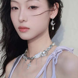 Daiiibabyyy  Exquisite Pink Star Moon Drop Earrings for Women Sweet Cute Shiny Zircon Geometric Temperament Earrings Wedding Jewelry Gifts