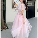 DAIIIBABYYY  -  Japanese Fresh Sweet Lolita Summer New Spliced Square Collar Folds Bandage Fashion Slim Solid Casual Puff Sleeve Dresses