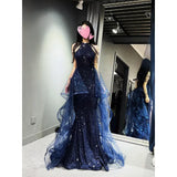 Daiiibabyyy  Halter Neck Slim Fit Long Blue Black Sequin Dress Birthday Party Coming-of-Age Ceremony Host Annual Meeting White Red Gown