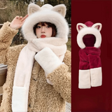 Daiiibabyyy  New Thickened Hat Scarf Gloves Set Keep Warm Fox Ear Ear Protection Cap Plush Windproof Integrated Cap Scarf Cycling