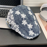 DAIIIBABYYY  -  Flower Embroidery Blue Denim Forward Hat Women Japanese Spring and Summer Lace Splicing Retro Short-brimmed Sunshade Newsboy Cap