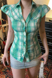 Daiiibabyyy  New American Style Y2k Retro Green Plaid Shirt Women Fly Sleeves Polo Collar Tie Waist Spicy Girl Top