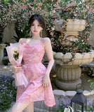 Daiiibabyyy  New Pink Romantic Floral Skirt Summer Slimming Solid Color Fashionable and Fresh Short Skirt Small Slim Strap Dress S6YW