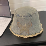 DAIIIBABYYY  -  High Quality Bow Hot Diamond Design Denim Bucket Hat Women Spring and Summer Personality Trend Rough Edge Design Basin Cap