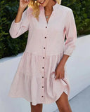 Daiiibabyyy  Summer Woman Dress Pleated Midi Light Blue Dresses Gingham Print Three Quarter Sleeve Casual Dress Ruffle Hem Button Down Dress