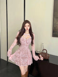 DAIIIBABYYY  -  Spring Autumn Pink Lace Chic Bow Square Collar Sexy Mini Dress Women Long Sleeve Bodycon Ruffled Dress 2025 Korean Fashion Dress