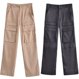 Daiiibabyyy   -  2024 spring and summer new women's fashion with pockets satin trousers retro high waist zip women's trousers
