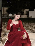 Daiiibabyyy  Vintage Elegant Velvet Long Dress for Woman Autumn New Square Collar Puff Sleeves A Line Party Dresses Party Evening Vestidos