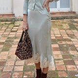 Daiiibabyyy  New Lace Patchwork Silk Surface Half Skirt Draped Glossy A-line Mid-length Skirt Women Spring Autumn Elegant Demeanor Lace Skirt