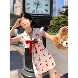 DAIIIBABYYY  -  Summer Fashion Small Girl Red Cherry Print Doll Dress Women Cute Bow Slim Mini Shirt Dress Holiday Sleeveless Short A Line Skirt