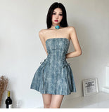 DAIIIBABYYY  -  Retro Washed Denim Strapless Dress With Double Tie Up Design For Women Elegant Sleeseless Show Waist Slimming Fit Short Dresses