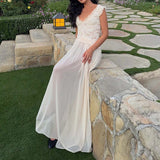 Daiiibabyyy  Lace Deep V-neck Evening Gown Women Dress Elegant Sleeveless High Waisted Solid Long Dress Fashion Embroidery Slim Party Dresses