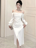 DAIIIBABYYY  -  Autumn Winter White Acetate Satin Chic Sling Sexy Dress Women Long Sleeve Elegant Holiday Dress 2025 Korean Bodycon Party Dress