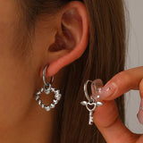 Daiiibabyyy  Stainless Steel Asymmetric Hoop Earrings Light Luxury Romantic Heart Spliced Wings Key Earrings for Women Jewelry Party Matching