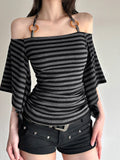 Daiiibabyyy  Elegant Striped Off Shoulder Blouse with Halter Neck and 3 4 Batwing Sleeves Perfect for Stylish Fall Outfits