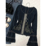 Daiiibabyyy  Y2K Vintage Black T Shirts Women Harajuku Streetwear Lace Floral Crop Tops Summer Sexy Gyaru Grunge Flare Long Sleeve Tees