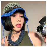 DAIIIBABYYY  -  Mori Girl Bucket Hat Japanese Hand-woven Hollowed-out Contrasting Fisherman's Cap Sweet and Cute Lace-up Straw Beach Caps