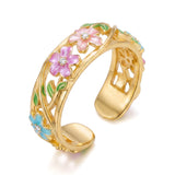 Daiiibabyyy  Elegant Flower Pattern Enamel Open Bracelet for Women Trendy Gold Plated Cloisonne Flowers Bangle Ring Charms Party Jewelry