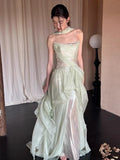 Daiiibabyyy  Mint Party Evening Dress Women Strapless Mermaid Pleat Formal Occasion Dress Elegant Shiny Backless Prom Gown Customized