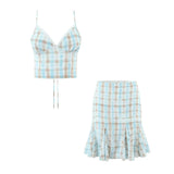 Daiiibabyyy  V-neck Lace-Up Back Camisole With Low-Waist Pleated Plaid Skirt For Women Plaid Top Ruffled Mini Skirt Lace Trim Outfit 046N