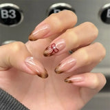 Daiiibabyyy  3D Bowknot Pearl Wearable Nail Art Fashion Leopard French Nude Almond Fake Nails Detachable Finished False Nails Press on Nails