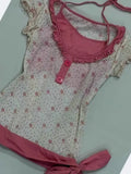 Daiiibabyyy  Vintage Flower Print Neck Strap Fake Two-piece Short-sleeved Top Thin Blouse Women