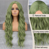 Daiiibabyyy  Green Long Wavy Synthetic Wig with Middle Part, Natural Scalp, Breathable Rose Net for Daily Wear, Cosplay, and Party Looks
