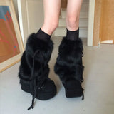 Daiiibabyyy  Punk Bow Tie Faux Rabbit Fur Leg Warmers Winter Warm Thickened Plush Leggings Socks Cold Protective Y2kBoot Cover  Socks
