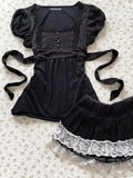 Daiiibabyyy  French Retro Vintage Sweet Cool Lace Black Bubble Sleeves Straps Slimming Short Sleeved Top T-shirt Ins