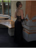 Daiiibabyyy  Women's Black Lace Bodysuit Sexy Deep V Neck Sleeveless Spaghetti Strap Slim Fit Corset Style Bodysuit Tops For Party Clubwear