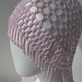Daiiibabyyy  Vintage Pink Hollowed Out Beads Knitted Hat Handmade  Cap With Beads Tassle Casual Crochet Hats for Women