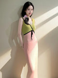 Daiiibabyyy  Strawberry Splicing Color Contrasting Knitted Dress for Women Summer, High Waist, Slimming  Design, Tank Top Skirt