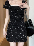 Daiiibabyyy  Korean Floral Sweet Dress Women Lace Patchwork Slim Mini Dress Casual Fashion Preppy Style Short Sleeve Female Cute Dress