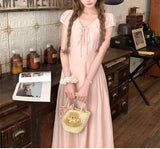 Daiiibabyyy  Women's Clothing French Style V-Neck Long Dress Stylish Drawstring Bow Summer Short Sleeve Vintage Elegant A-Line Waist Dresses