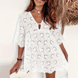 Daiiibabyyy  New Summer Short Sleeved Sexy Hollow Dress Jacquard Embroidery Pleated Women's Party Dress Fashion Bow Tie Up V Neck Loose Dress