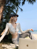 DAIIIBABYYY  -  American Hot Girl Hollow V-neck T-shirt for Women's Spring Long-sleeved Grey Slim Fit Sexy Short Top Fashion Female Clothes
