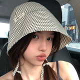 DAIIIBABYYY  -  New Korean Version of Literary Plaid Bucket Hat Women's Summer Sunscreen Big Brim Lace-up Dome Foldable Sun Cap Gorras