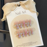 Daiiibabyyy 10pcs Handmade Press On Nails Pink Cat Eye Fake Nails with Bow Decoration Lovely False Nails French Ballet Wearable Nail Tips
