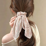 Daiiibabyyy  Paisley Ribbon Hair Scrunchie Creamy Apricot Print Bow Hair Tie New Long Flowy Head Band Scarf Women's Elegant Hair Accessory