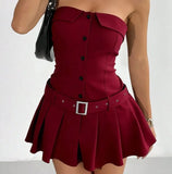 Daiiibabyyy  Women's Sleeveless Strapless Midi Dress with Pleated Skirt Corset Top High Waist Slim Fit Deep Red Elegant Solid Color Fitted