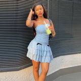 Daiiibabyyy  Sweet Light Blue Polka Dot Mini Dress Women Trendy Strapless Ruched Tiered Ruffle Bow Vestido Bridal Shower Date Night Gown