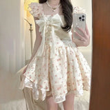 Daiiibabyyy  French Princess Sweet Floral Bow Tie Dress with Square Neckline Puffy Short Sleeves and Short Length for Summer