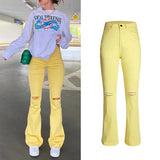 Daiiibabyyy Yellow Ripped Women Flare Jeans Lady Stretch Vintage High Waist Denim Pants Lady Y2K Punk Streetwear Slim Bell Bottom Trousers