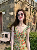 Daiiibabyyy  French Vintage Green Floral V-neck Small Flying Sleeves Long Dress for Women Summer Waist Slimming Sweet Sleeveless Beach Dress